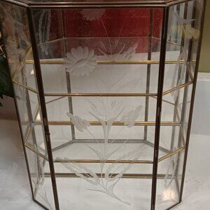 Vintage Glass & Brass Etched Mirrored Curio Cabinet Showcase